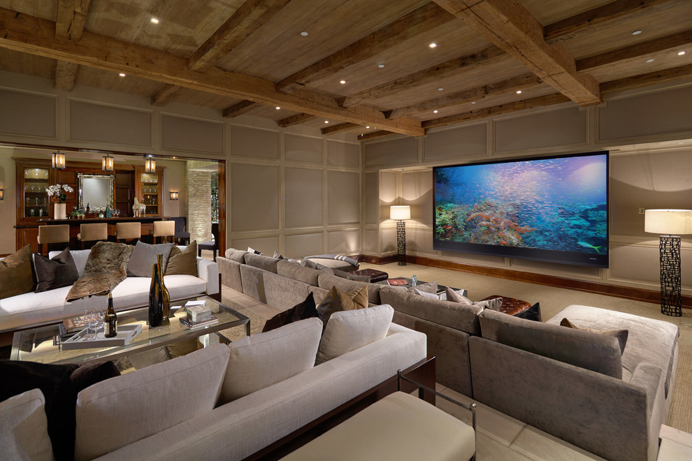Expansive mediterranean enclosed family room in Orange County with beige walls and a wall-mounted tv.