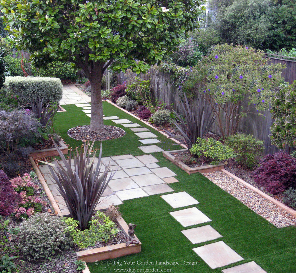 Design ideas for a small contemporary backyard shaded garden for summer in San Francisco with a garden path and natural stone pavers.