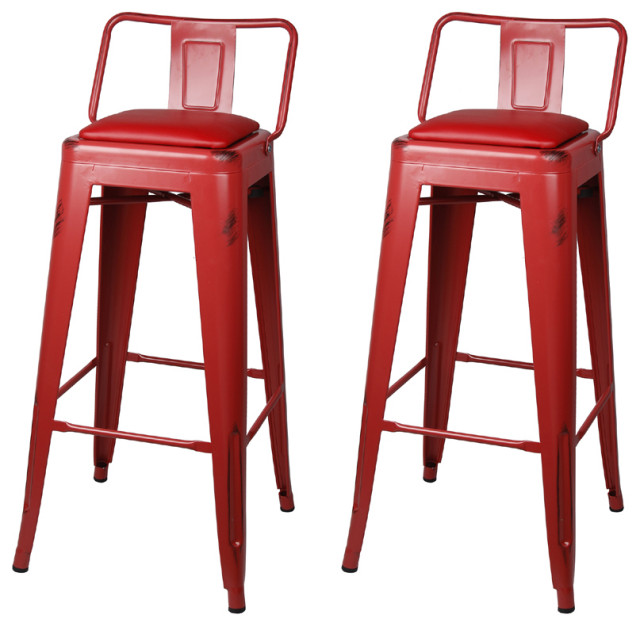 Lowback Red Metal Bar Stools, Red Vegan Leather Seat, Set of 2