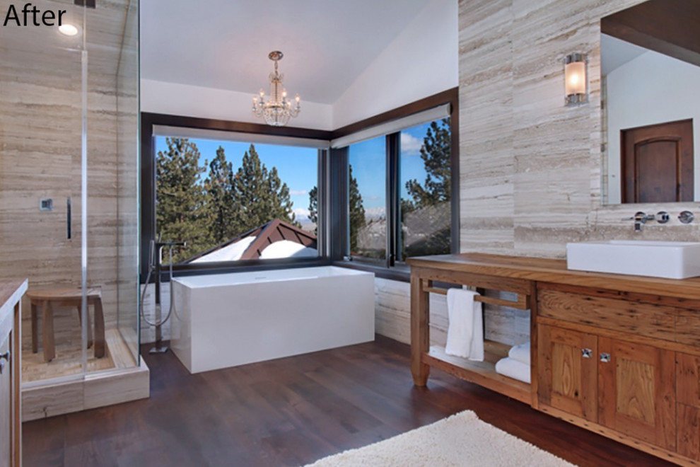 Example of a large mountain style master beige tile dark wood floor, brown floor and single-sink freestanding bathtub design with medium tone wood cabinets, beige walls, a drop-in sink, wood countertops, a hinged shower door, brown countertops and a built-in vanity