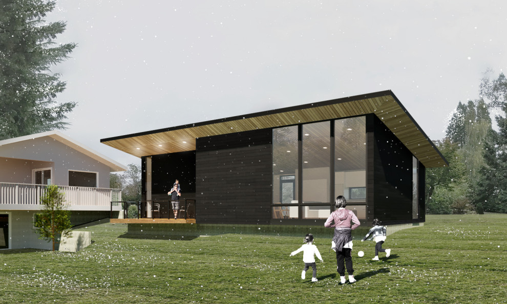 Foto på ett mellanstort funkis svart hus, med allt i ett plan, pulpettak och tak i metall