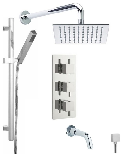 Chrome Thermostatic Shower System With 8 Square Rain Head Handset Tub Spout