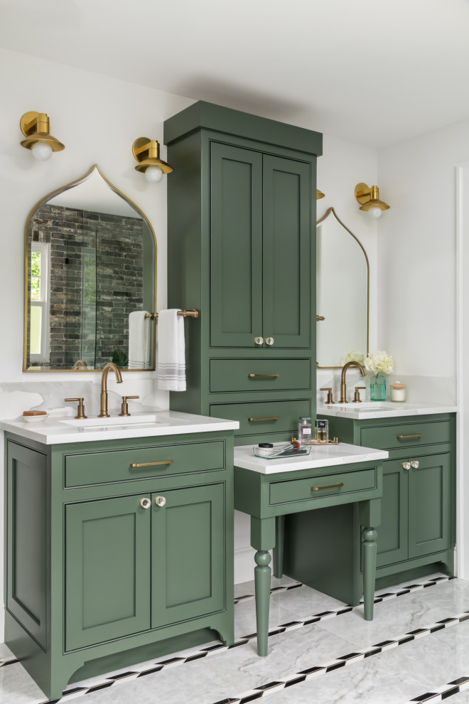 Design ideas for a traditional bathroom in Atlanta with green cabinets, white walls, a double vanity and exposed beam.