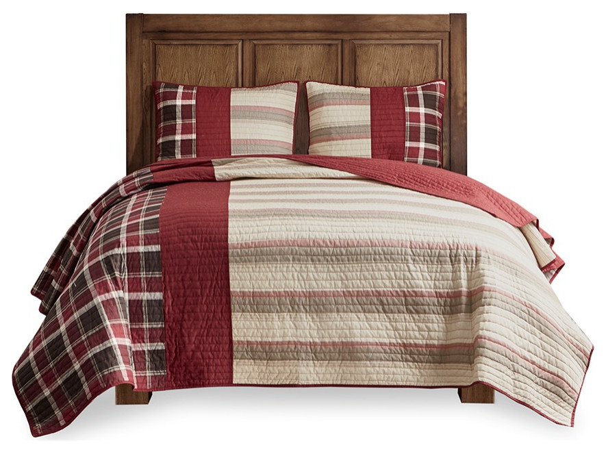 Woolrich Cotton Percale And Print Pieced King Quilt Mini Set In Red
