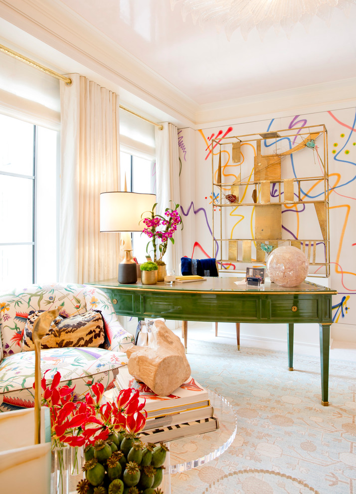 Design ideas for an eclectic study room in New York with multi-coloured walls and a freestanding desk.