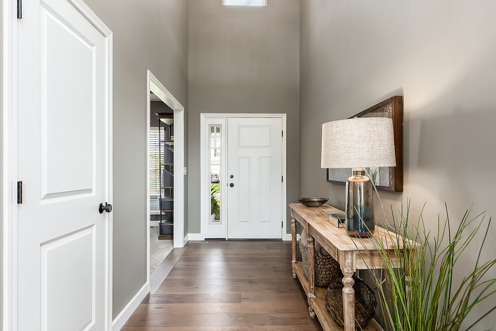 Inspiration for a large modern foyer in Columbus with brown walls, medium hardwood floors, a single front door and a gray front door.
