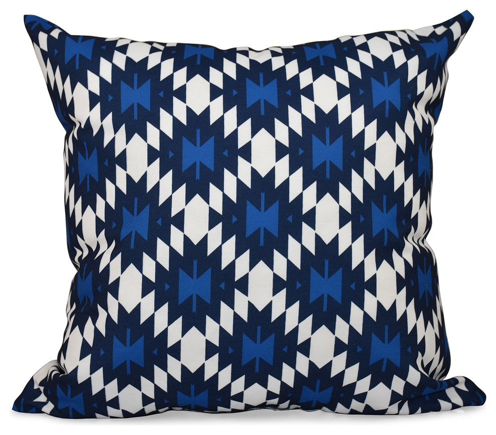 Jodhpur Kilim, Geometric Print Pillow, Navy Blue, 16"x16"