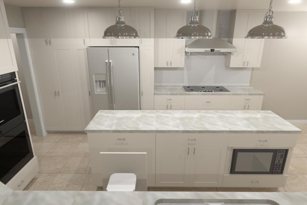 Inspiration for a transitional u-shaped porcelain tile and beige floor kitchen pantry remodel with shaker cabinets, white cabinets, quartzite countertops, white backsplash, porcelain backsplash, stainless steel appliances, an island and beige countertops