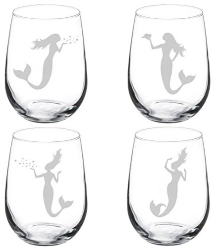 Set of 4 Wine Glass Goblet Mermaids, 17 Oz Stemless