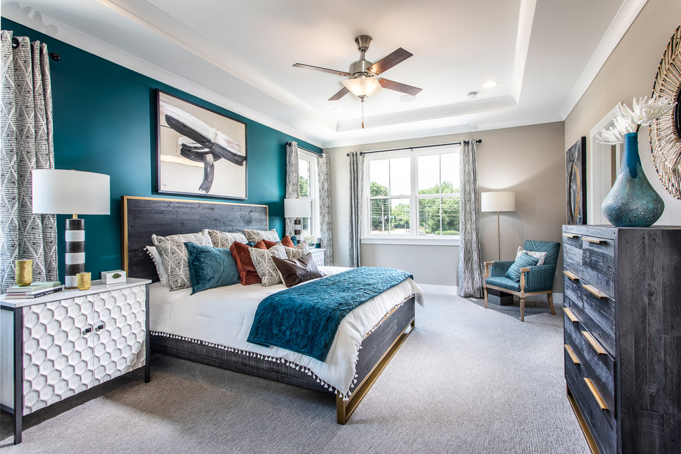 Photo of a mid-sized contemporary master bedroom in Atlanta with blue walls, carpet, no fireplace and grey floor.