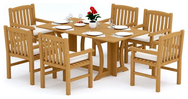 7-Piece Outdoor Patio Teak Dining Set, 69" Warwick Table, 6 Devon Arm Chairs