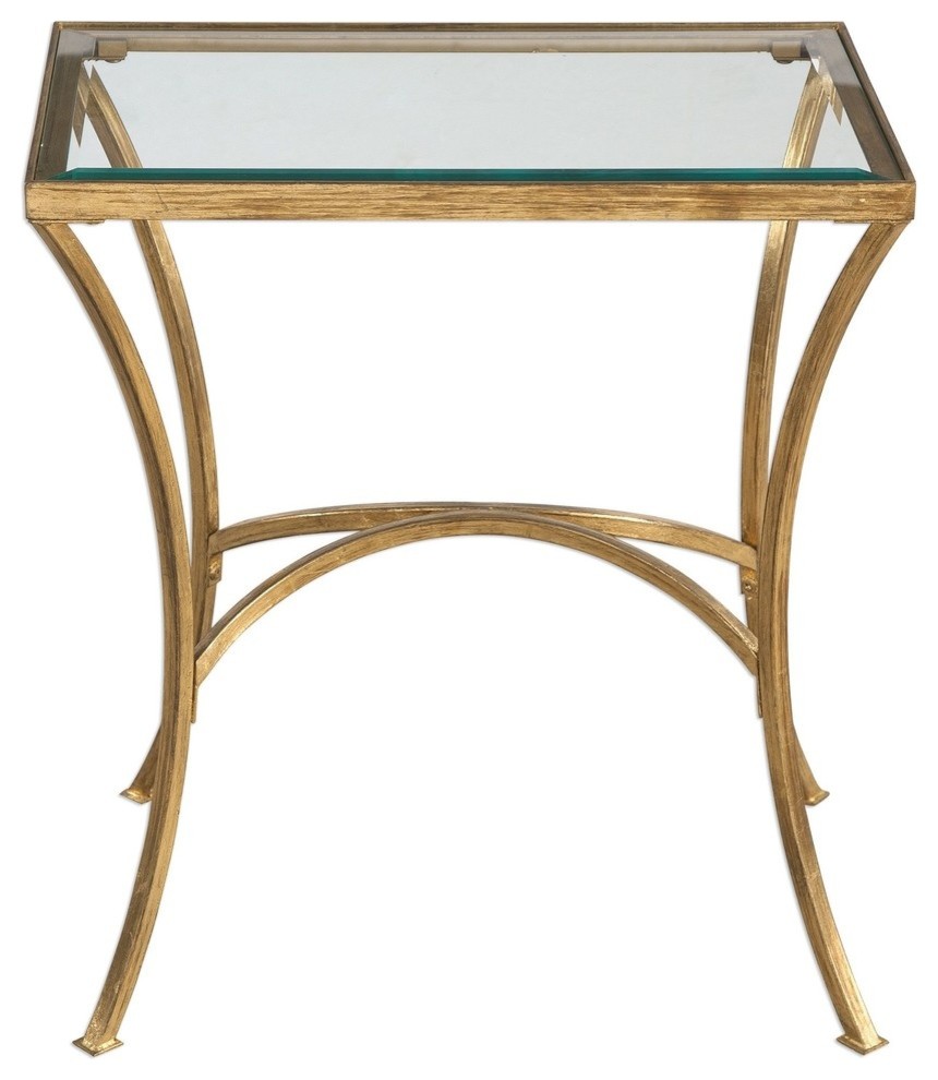 Minimalist Gold Arch End Table, Metal Glass Top Side Accent