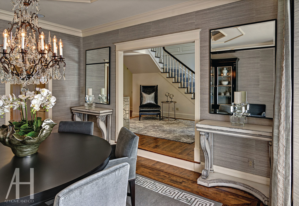 Inspiration for a transitional dining room in Minneapolis with grey walls and medium hardwood floors.