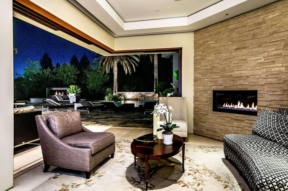 This is an example of a contemporary living room in San Francisco with a stone fireplace surround and a ribbon fireplace.