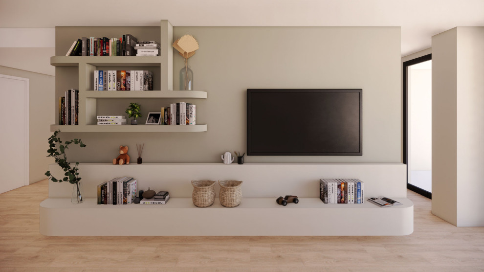 Esempio di un soggiorno scandinavo aperto con libreria, pareti grigie, parquet chiaro, TV a parete e pavimento beige