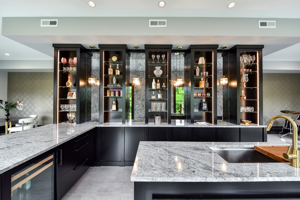 Design ideas for a large contemporary l-shaped wet bar in Chicago with an undermount sink, open cabinets, black cabinets, quartz benchtops, travertine floors, grey floor and grey benchtop.