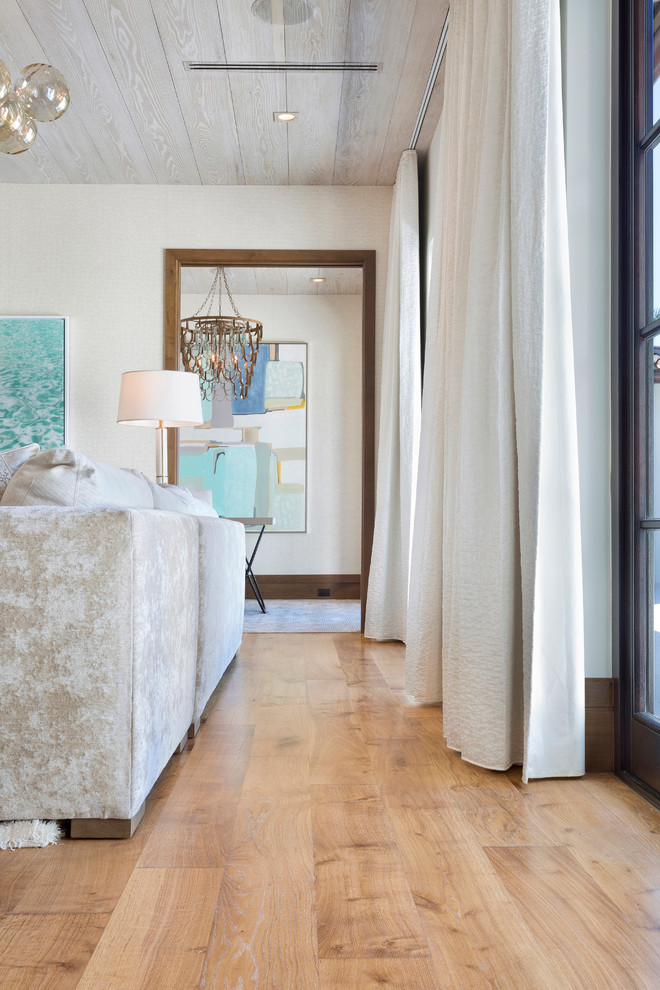 Example of a mid-sized transitional formal and open concept bamboo floor home design design in Miami
