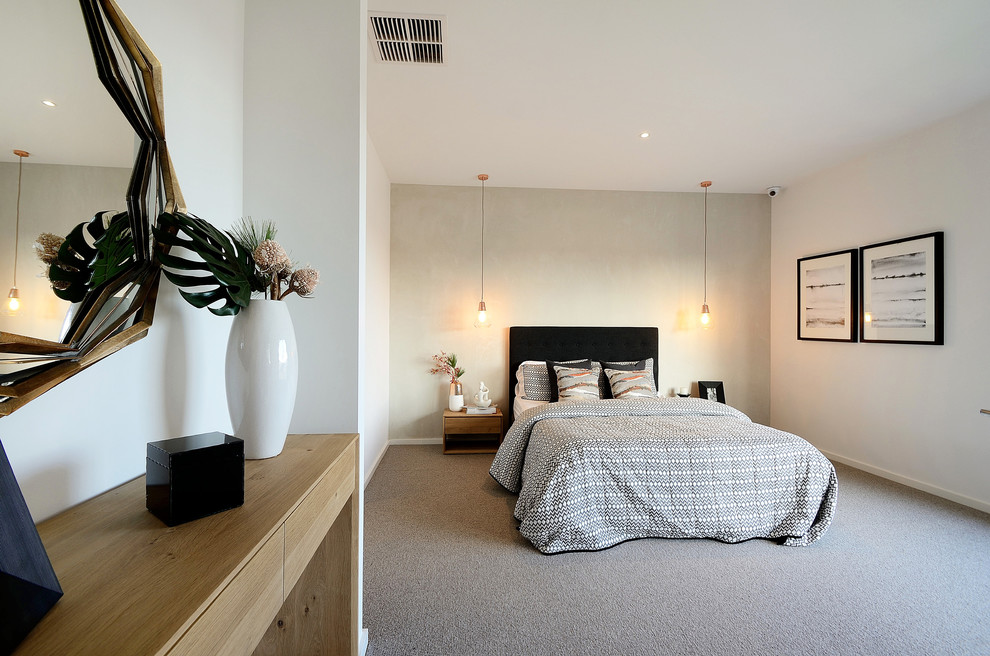 Design ideas for a mid-sized contemporary master bedroom in Melbourne with white walls, carpet and no fireplace.