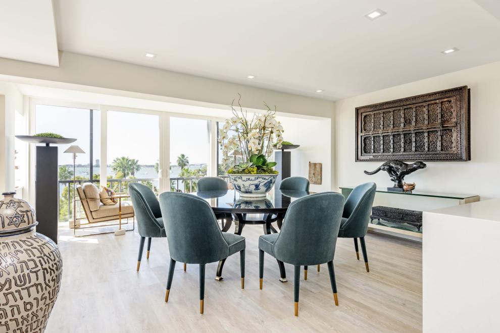 Example of a large transitional brown floor and coffered ceiling kitchen/dining room combo design in Other