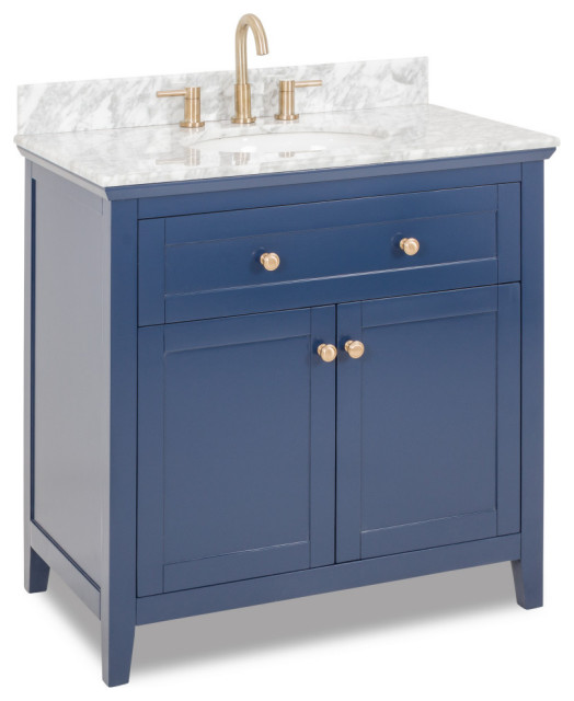 36"Hale Blue vanity, Satin Bronze hardware, Carrara Marble top, oval