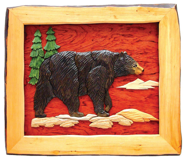 Zeckos Forest Bear Hand Crafted Intarsia Wood Art Wall Hanging
