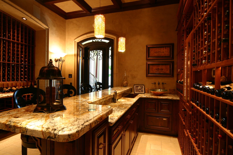 Photo of an expansive traditional wine cellar in Sacramento with ceramic floors, storage racks and beige floor.