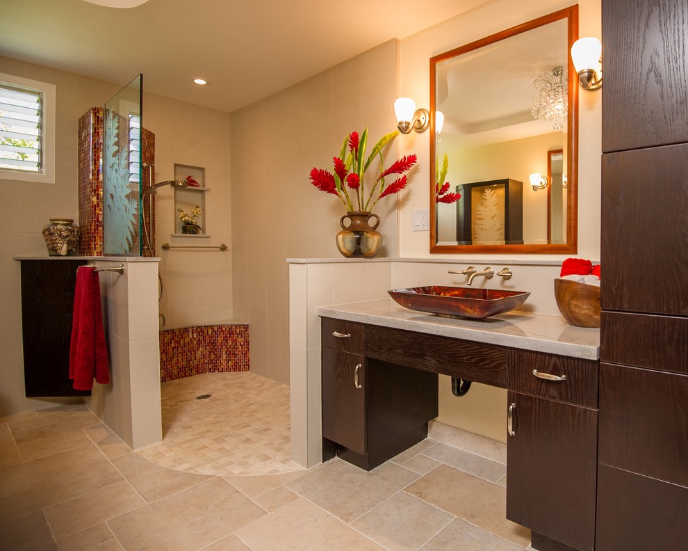 Design ideas for a large contemporary 3/4 bathroom in Hawaii with flat-panel cabinets, dark wood cabinets, a curbless shower, orange tile, red tile, mosaic tile, beige walls, ceramic floors, a vessel sink, marble benchtops, beige floor and an open shower.