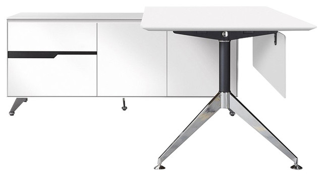 Modern White Lacquer L Shaped Desk With Storage Left Return