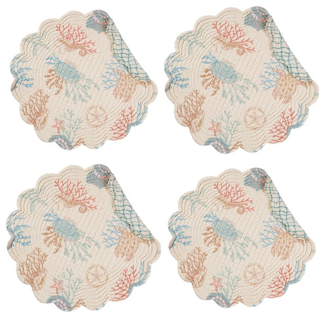 Seabrook Quilted Round Scalloped Edge Reversible Placemats Dining Set of 4 Beach Style