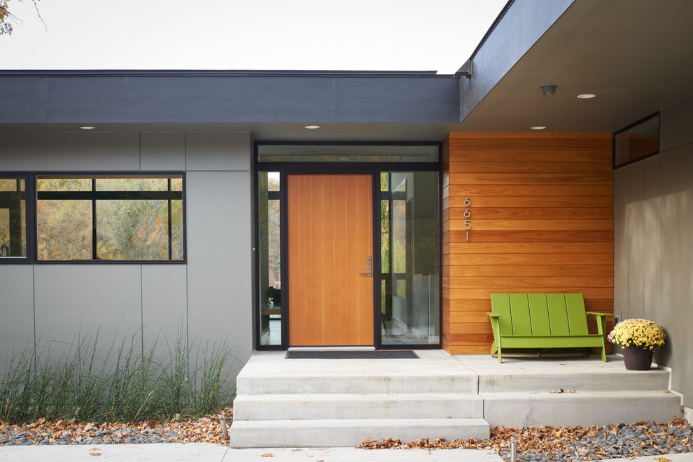 Inspiration for a contemporary front door in Minneapolis with a single front door and a medium wood front door.