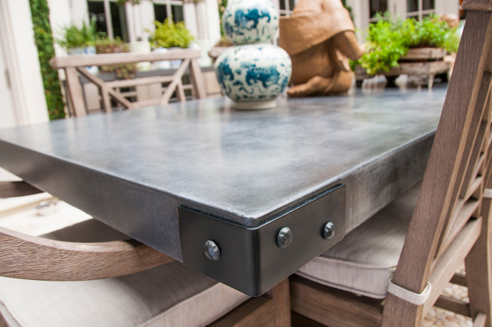 Patio - 90 to 99 inch, gray, 40 to 44 inch deep, 30 to 34 inch high and mid-sized rustic concrete and backyard stone patio idea in Miami with no cover