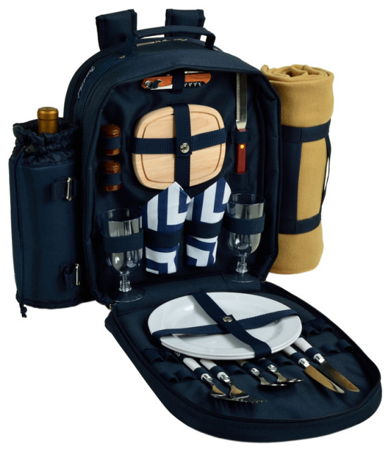 Deluxe Equipped 2 Person Picnic Backpack With Blanket Navy/Chevron