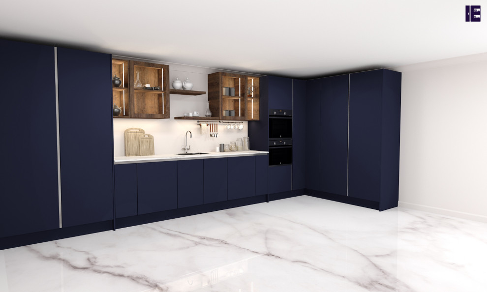 This is an example of a small modern l-shaped kitchen/diner in London with a single-bowl sink, flat-panel cabinets, blue cabinets, marble worktops, white splashback, marble flooring, turquoise floors, white worktops, a wood ceiling and feature lighting.