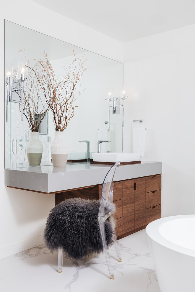 Contemporary master bathroom in Los Angeles with flat-panel cabinets, dark wood cabinets, white walls, a vessel sink, white floor and grey benchtops.