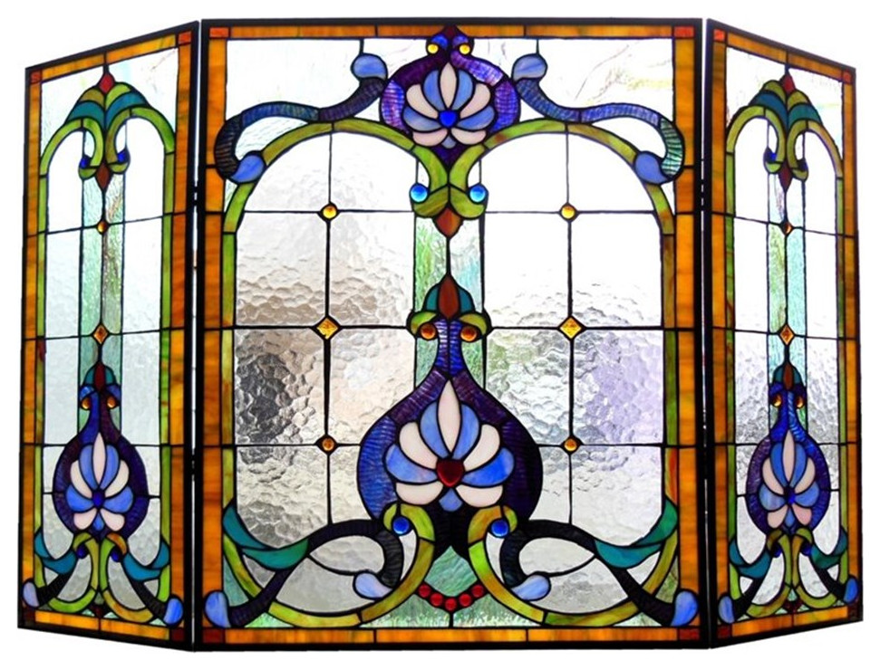 CHLOE Tiffany-glass 3pcs Folding Victorian Fireplace Screen 44" Wide