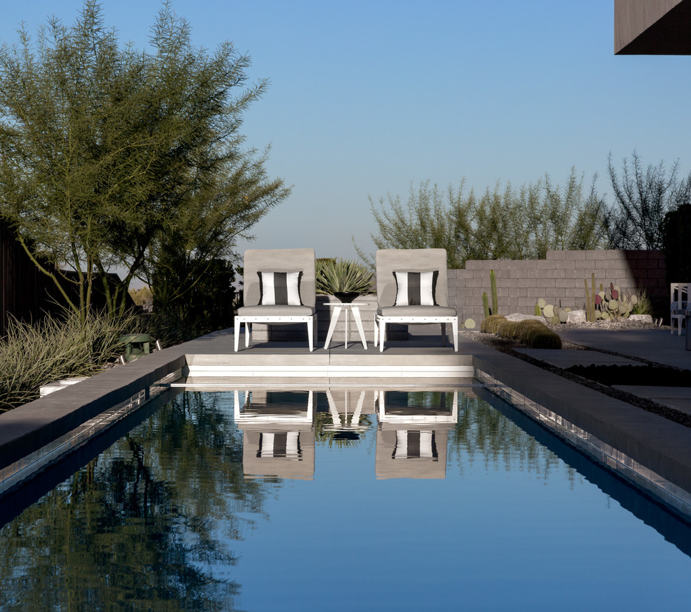 This is an example of a large modern backyard rectangular lap pool in Las Vegas with a hot tub.