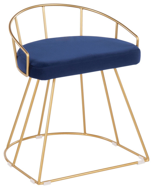 Contemporary Vanity Stool, Sleek Golden Frame With Blue Velvet Seat