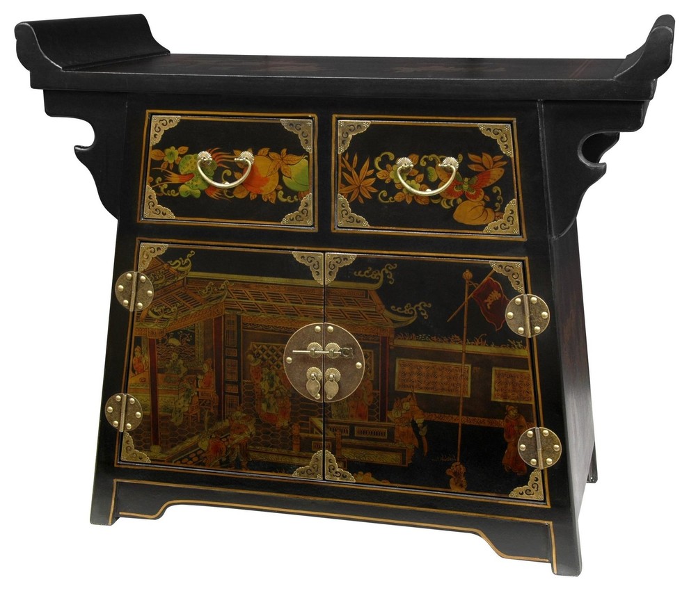 Village Life Altar Cabinet in Black Lacquer Finish