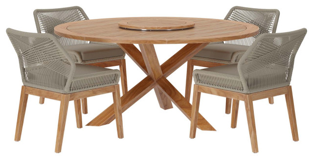 Wellspring 5-Piece Outdoor Patio Teak Wood Dining Set, Light Gray ...