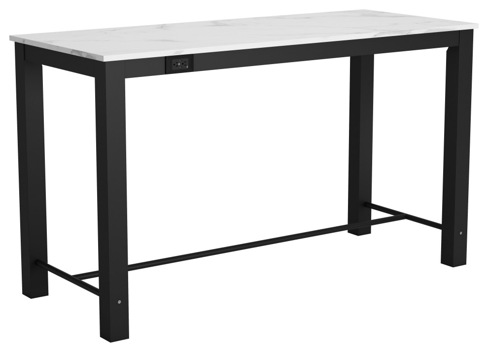 Dawson Faux Marble Bar Table, White & Matte Black Transitional