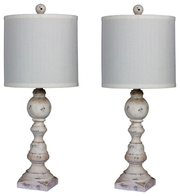 26" Distressed Balustrade Resin Table Lamps, Cottage Antique White, Set of 2