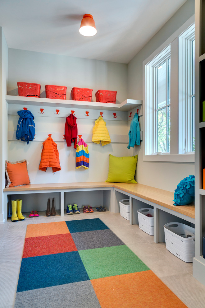 Design ideas for a contemporary mudroom in Minneapolis with grey walls.