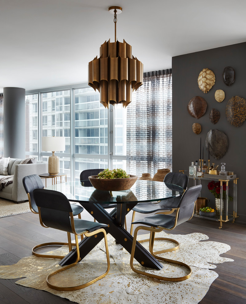 Transitional dark wood floor and brown floor dining room photo in Chicago with gray walls
