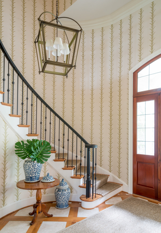 Design ideas for a large traditional foyer in Charleston with multi-coloured walls, a double front door, medium hardwood floors and multi-coloured floor.