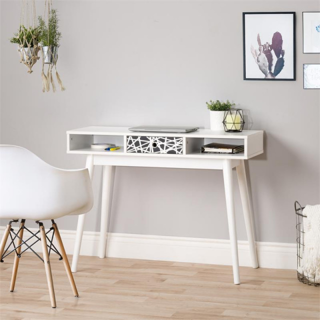 Corliving White Entryway Table with Drawer Midcentury Desks And