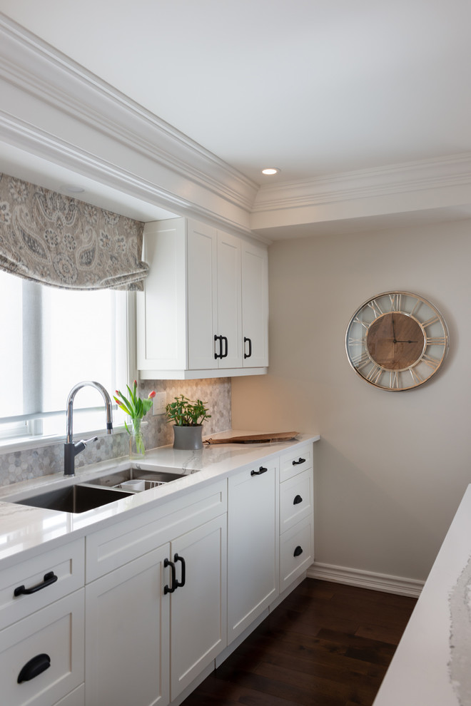 Kitchen - transitional dark wood floor and brown floor kitchen idea with white cabinets, quartz countertops, paneled appliances, an island and white countertops