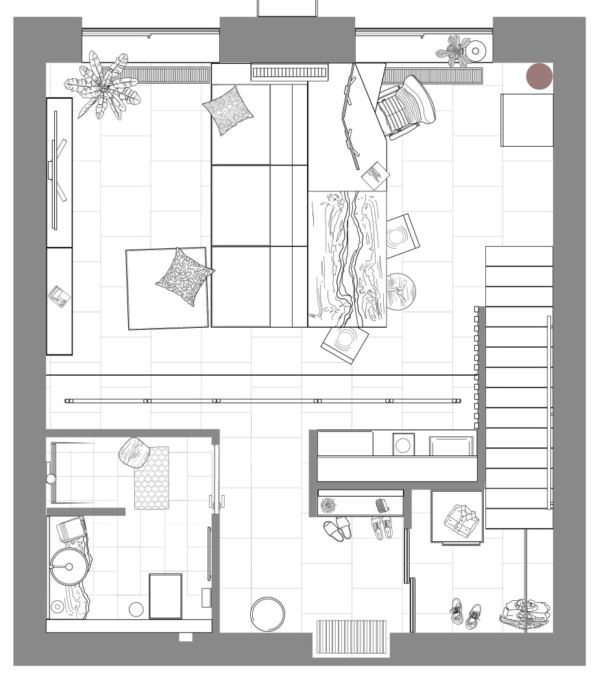 Интерьер небольшой двухуровневой квартиры студии в стиле лофт