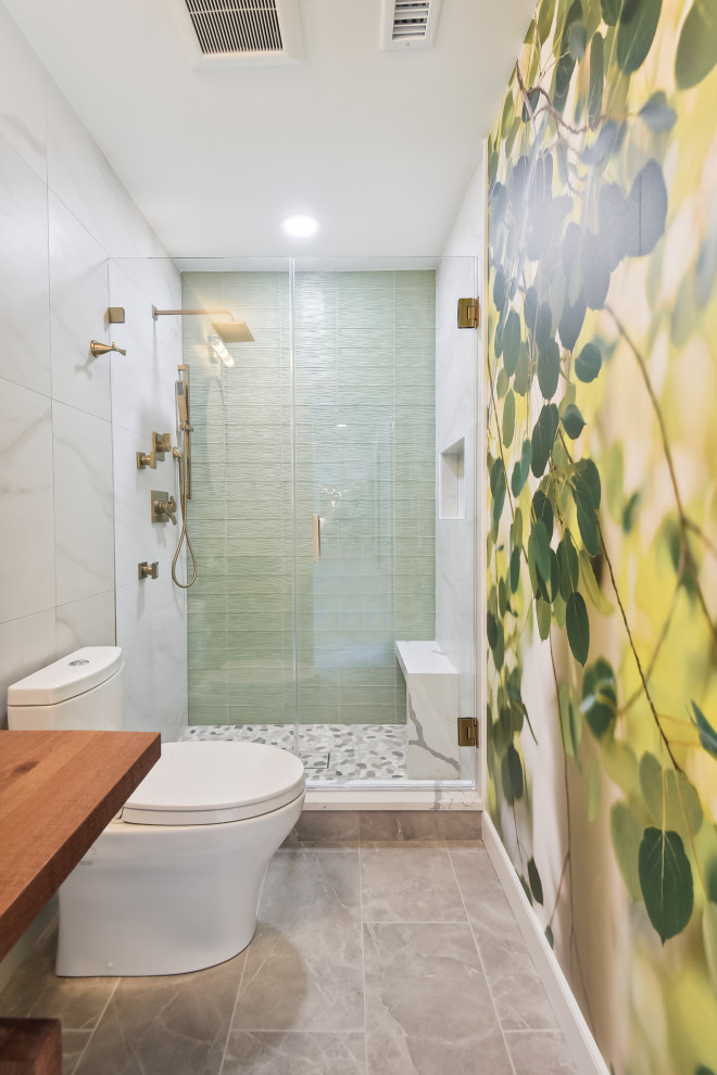 Design ideas for a small country shower room bathroom in DC Metro with open cabinets, brown cabinets, an alcove shower, beige tiles, ceramic tiles, cement flooring, a vessel sink, wooden worktops, beige floors, a hinged door, a single sink and a floating vanity unit.