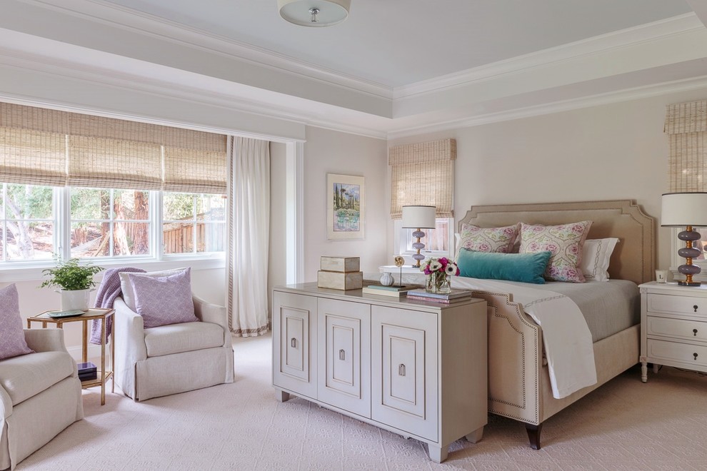 Design ideas for a large traditional master bedroom in San Francisco with grey walls, carpet, no fireplace and beige floor.