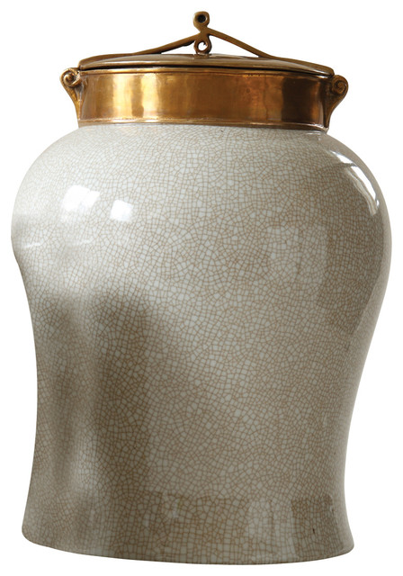 White Crackle Jar With Bronze Lid, Large